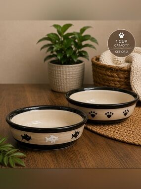 PetRageous Designs Stoneware Pet Bowl Set | Paw Print | 1 Cup | Set of 2